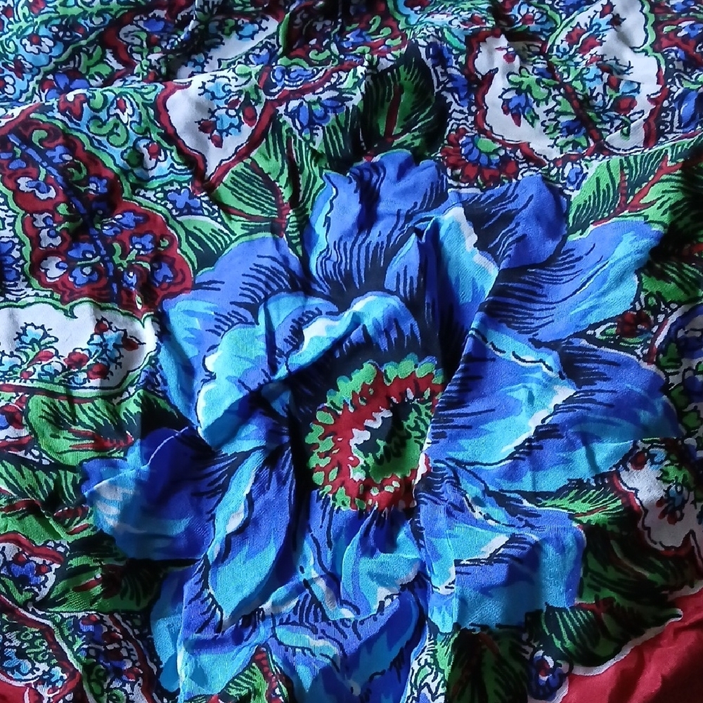 Vintage Silk Floral Scarf W Red Border - Picture 3 of 4